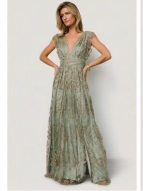 Baltic Born Dresses & Skirts - Baltic born Arden shimmer gown in sage+gold featuring a long V neckline